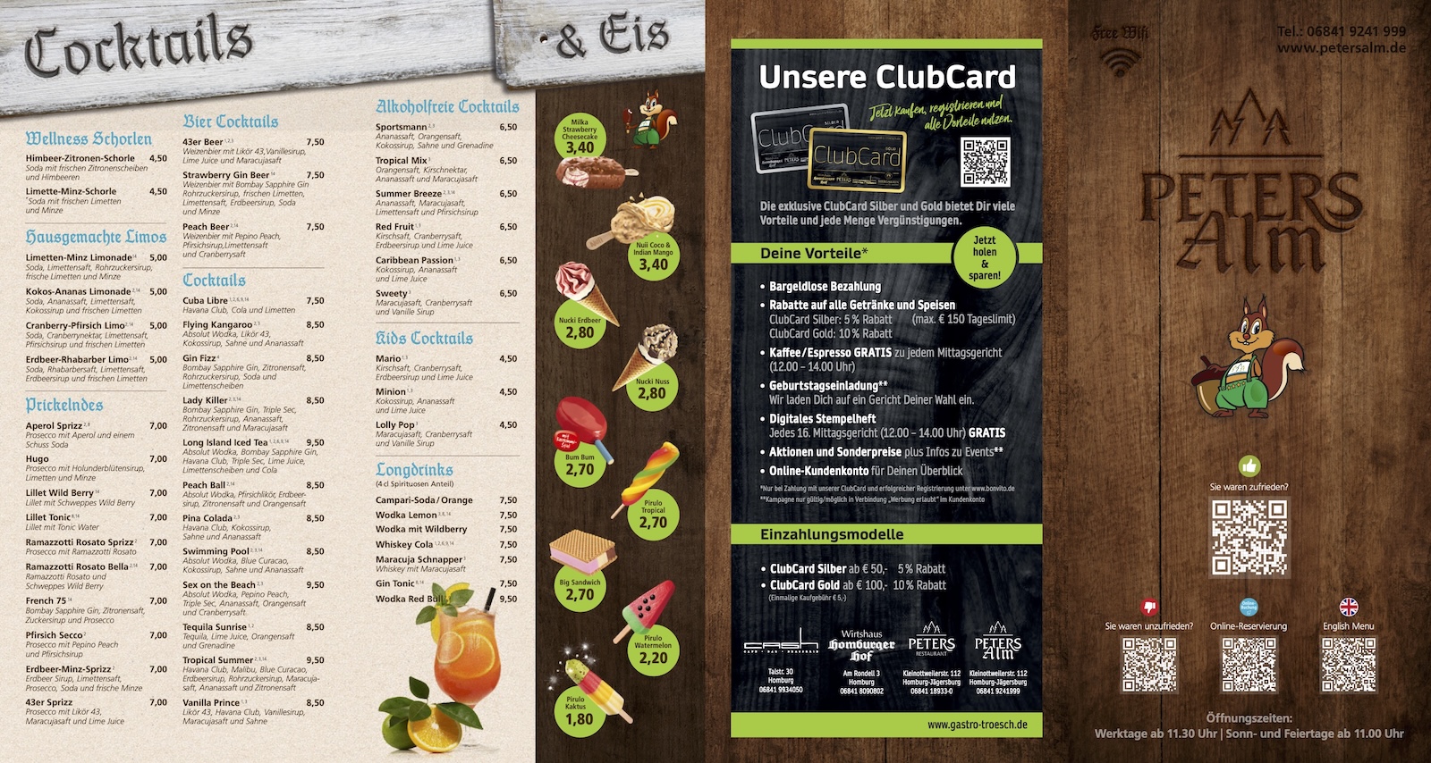 Speisekarte mit Abbildungen von Obst und Eis, Cocktail-Listen, Preisen, Beschreibungen und einem Abschnitt für ein ClubCard-Treueprogramm. Der Hintergrund hat eine rustikale Holztextur und Kontaktdaten für das Restaurant Peters Alm.